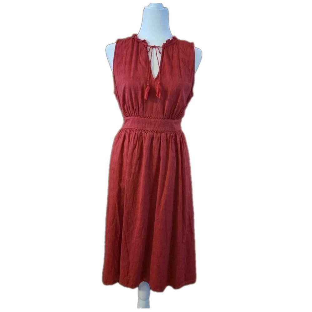 Boho‎ Hi Low Hem Midi Dress Size M Smocked Empire Waist Rustic Red Cottage Chic